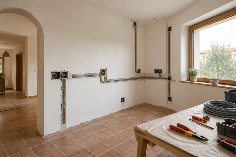 Visualización conceptual IA: Canalizaciones y cajas eléctricas durante la preparación de una cocina.