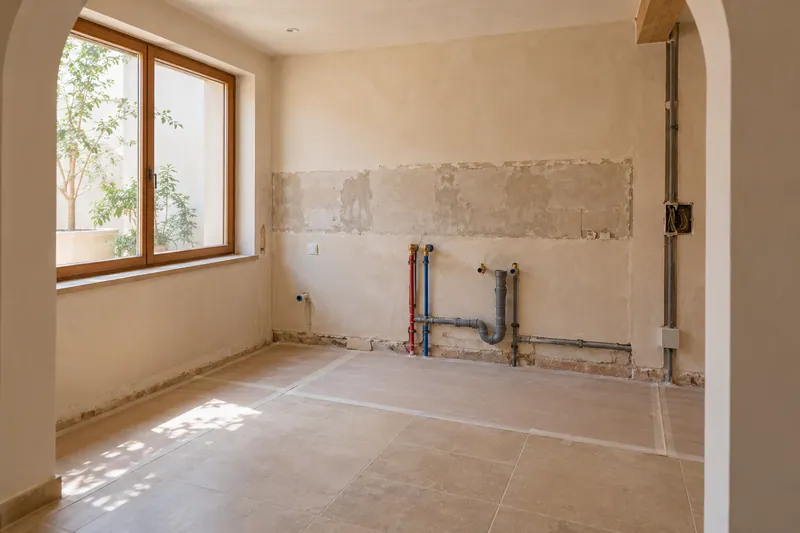 Visualización conceptual IA: Tuberías de suministro y desagüe durante la renovación de una cocina.