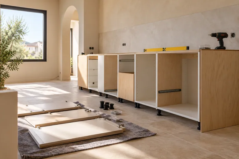 Visualización conceptual IA: Módulos de cocina en montaje con puertas pendientes de colocar.