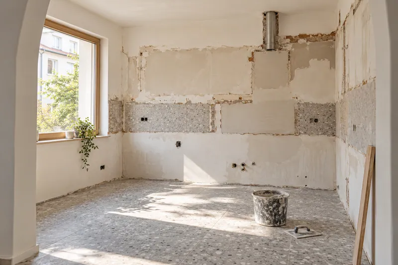 Visualización conceptual IA: Cocina sin muebles con paredes en preparación y zonas de enlucido.